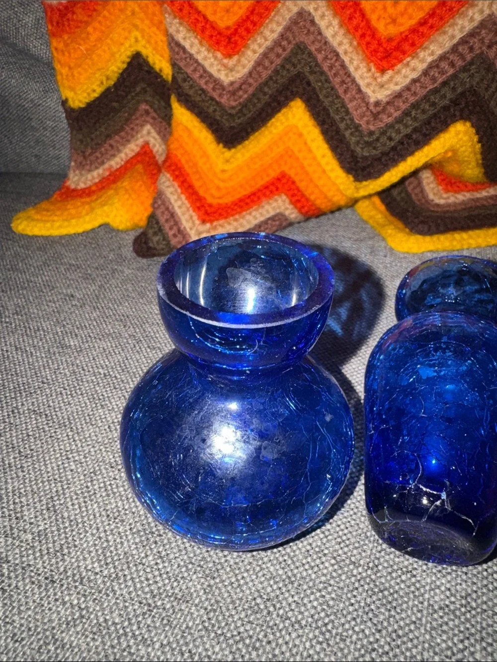 VINTAGE Cobalt Blue Crackle Glass Mini Vases Set of 2 –Mid-Century Modern